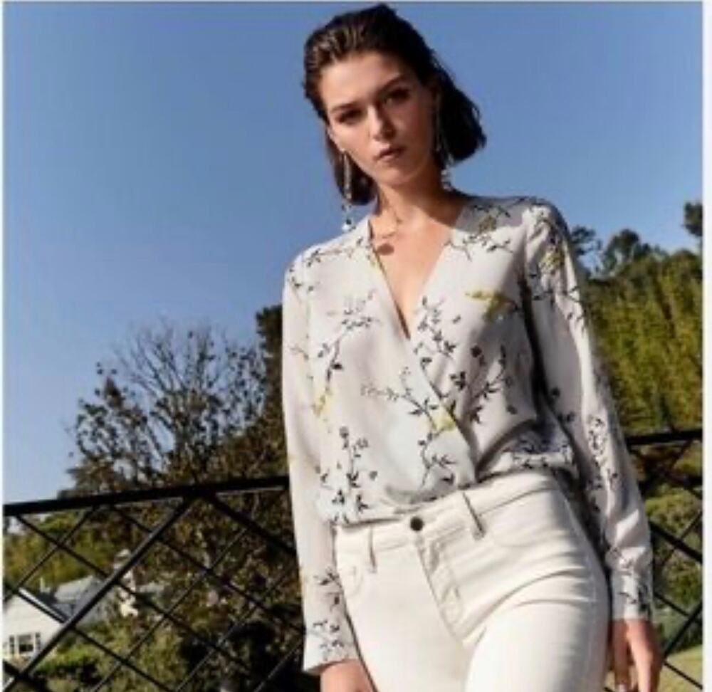 L'Agence Kyla Draped Silk Long Sleeve Blouse in a light gray floral print. XS.